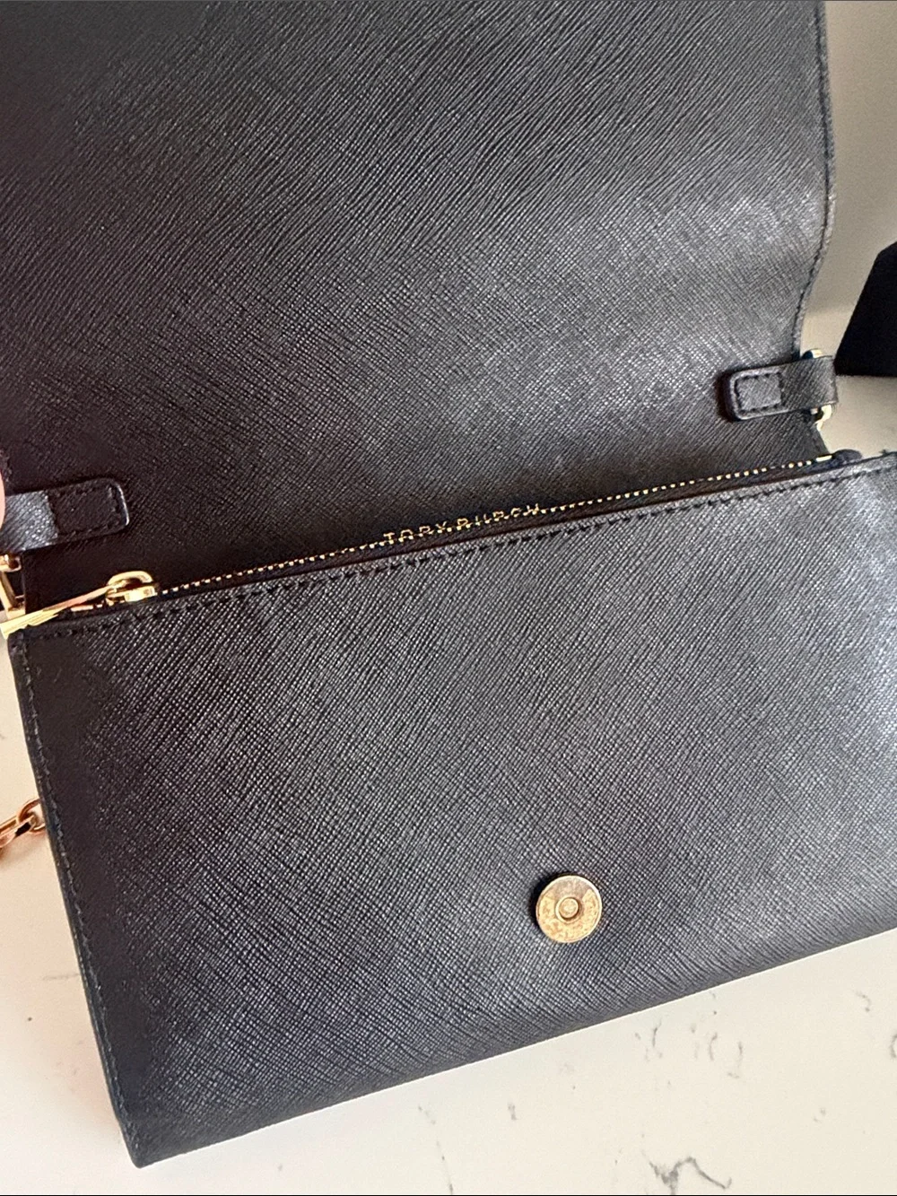 Tory Burch Black Leather Crossbody with Gold Chain